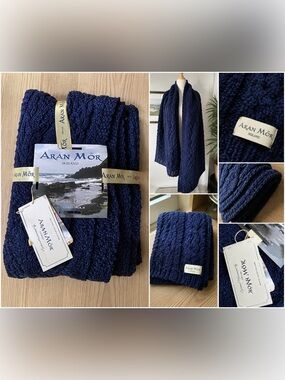 Aran Mór Ireland Navy Chunky Cable Knit Throw Blanket NWT